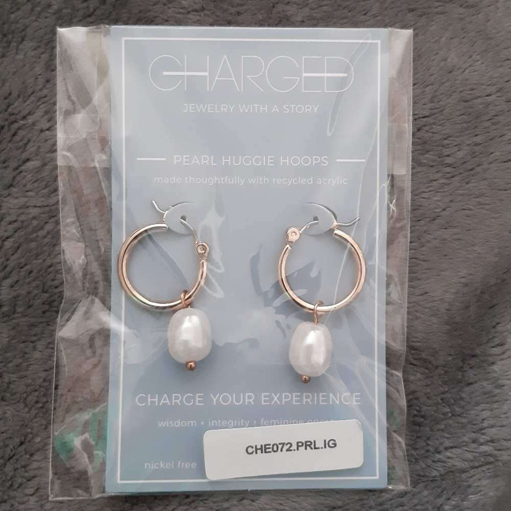 Charged Pearl Huggie Hoop Earrings (gold tone) with Removable Pearls NWT
